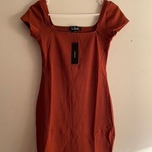 Lulus Rust Ribbed Short Sleeve Bodycon Mini Dress